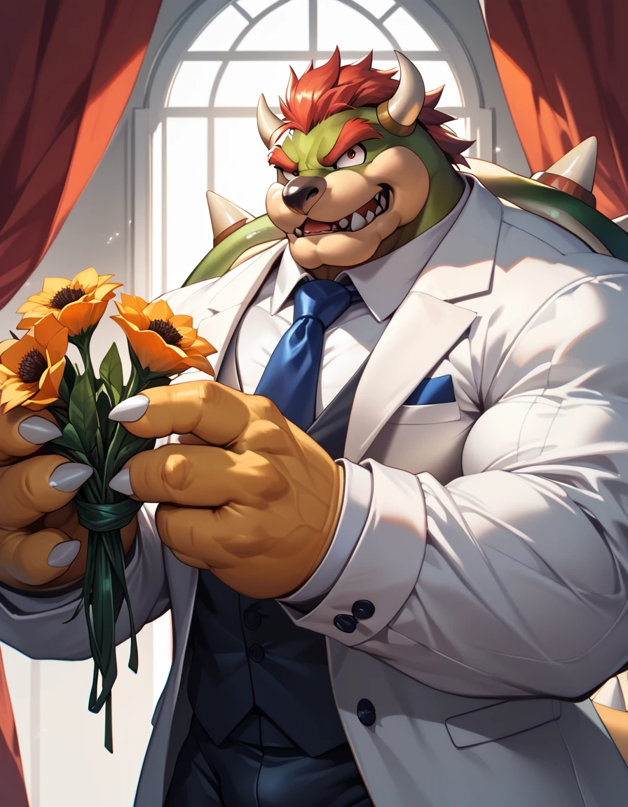 bara (king Bowser), fur, strong physique, perfect anatomy, masterpieces, pectoral, thick arms, massive muscular, big eyes, solo, great lighting, white suits, holding flower