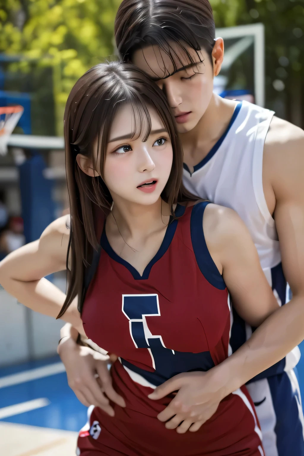 (masterpiece、Best Quality、Ultra-high resolution)、(Perfect Face、Beautiful Face、Beautiful Eyes)、The clothes are see-through、(Beautiful nipples)、basketball、basketballの服、sweat、Man hugging woman、Man grabbing hand、A man touches his chest、Shooting position、Leaning forward、Look at this and cry、(Many men touching women)