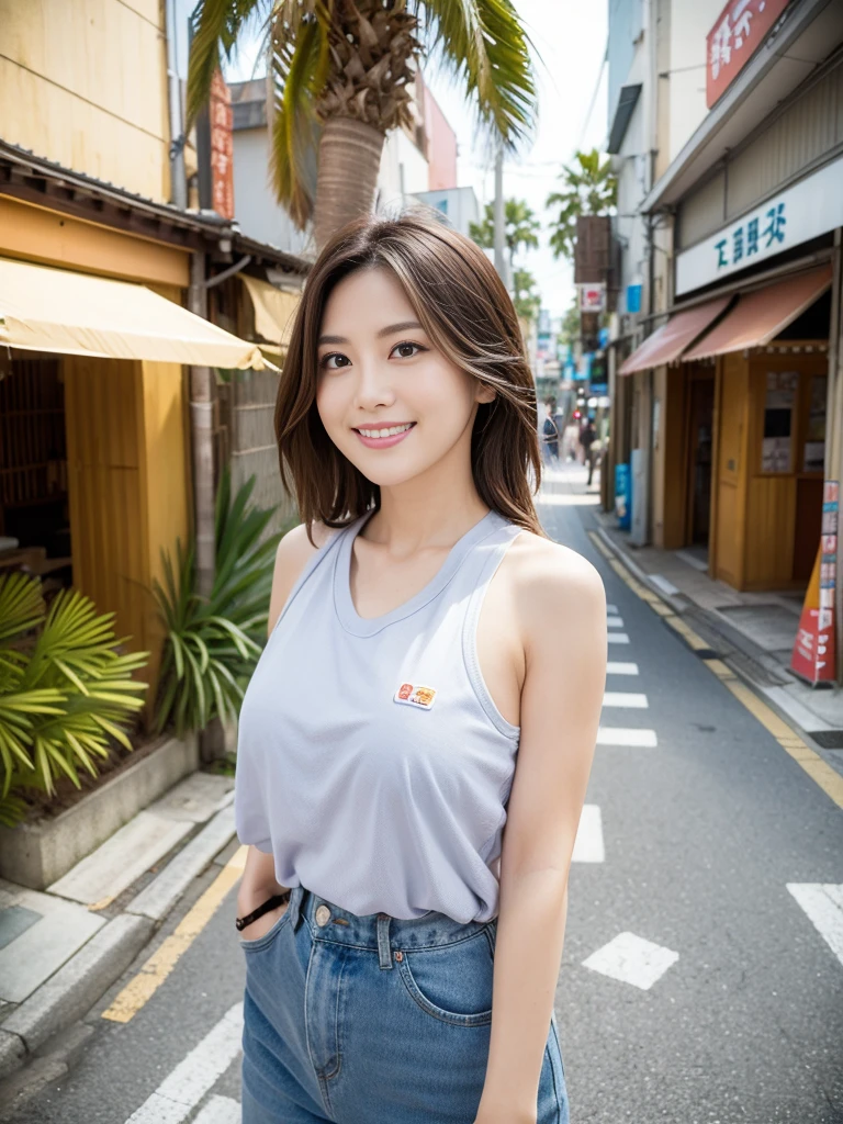 8K, masterpiece, Highest quality, Realistic, Super detailed, 1 Girl, An athletic body, Realistic skin texture, Medium chest, Staring at the audience, Cropped shirt, Skinny T-shirt, Tank top, Down, Down , Micro Mini Skirt, hot pants, Shorts, Cinema Lighting, Face Focus, Beautiful Eyes, Detailed face, Bright Face, Dawn, In the background an outdoor cafe, Low angle shot, Downからの眺め