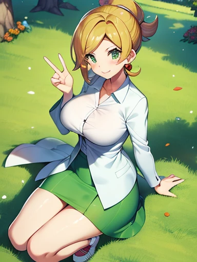 Pokémon、PhD. Aliang々tree、Alone、１people々、Busty MILF、Busty MILF、Busty MILF、White shirt、Wearing a long white coat、She is wearing a green tight skirt that reaches above the knees..。Shoe Sneakers。Pokémonの誕生とその起源、Research Institute in Kago Town, You become a local、Pokémon図鑑、cheerful and active personality、Wave、