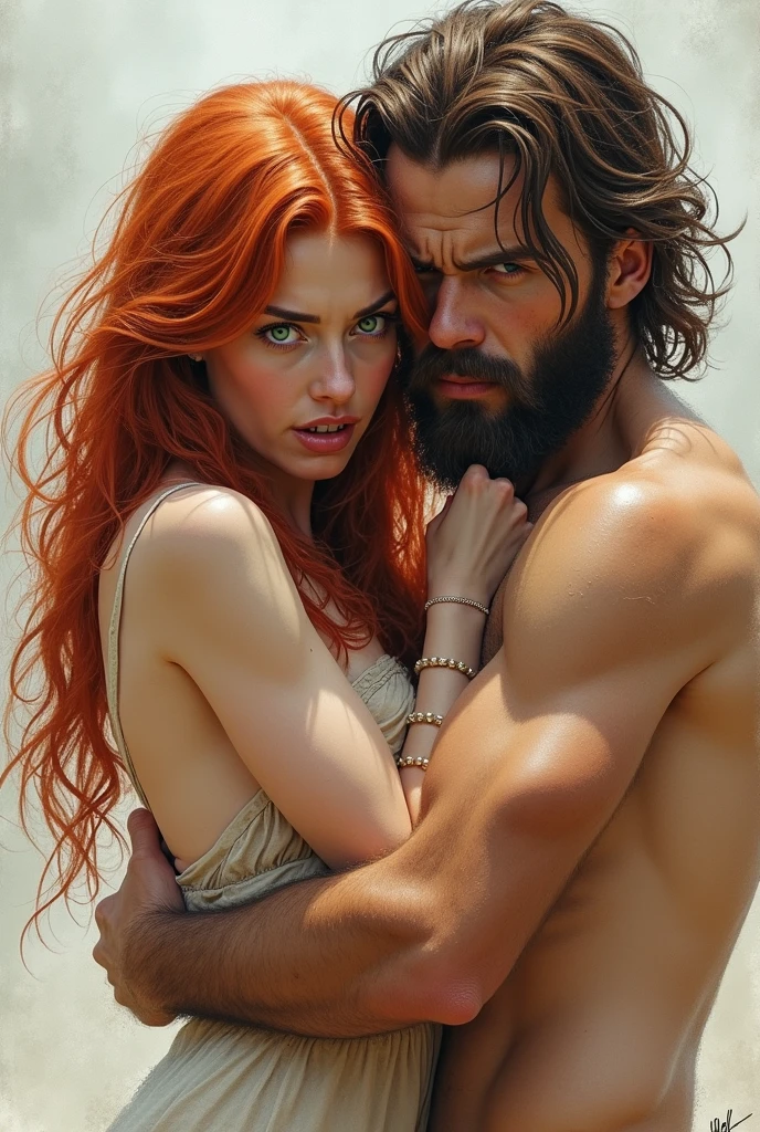 long orange hair,white skin,yellow eyes,black dress human Women.And male handsome Jinn with gray skin,black hair,green eyes,turban,muscular