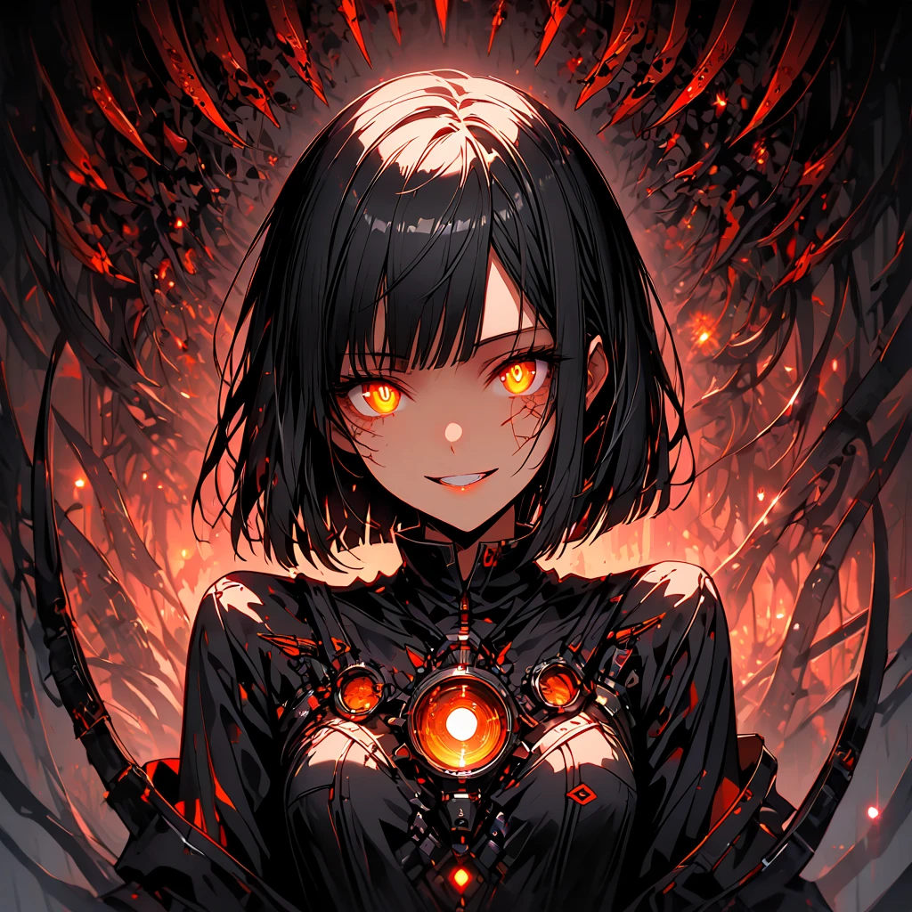 Alone, woman, close, Black Hair, Stylish and straight hair, Chin-length bob cut, Slightly messy bangs framing the face, Metallic thread injected hair, Sparkling Hair, Elongated pupils, Amber Iris, Expanded Eyes, Smooth Skin, Sunburn, Faint silver veins are visible just below the surface of her skin., Illuminated from Within, Tilt, Athletic ability, Long limbs, Additional Arachnid Machines, confident sSunburnce, Thin mechanical legs, There are tiny glowing dots scattered all over her body., Cybernetic Enhancements, Mid Shot, whole body, [Workshop, dark, Futuristic, Grin