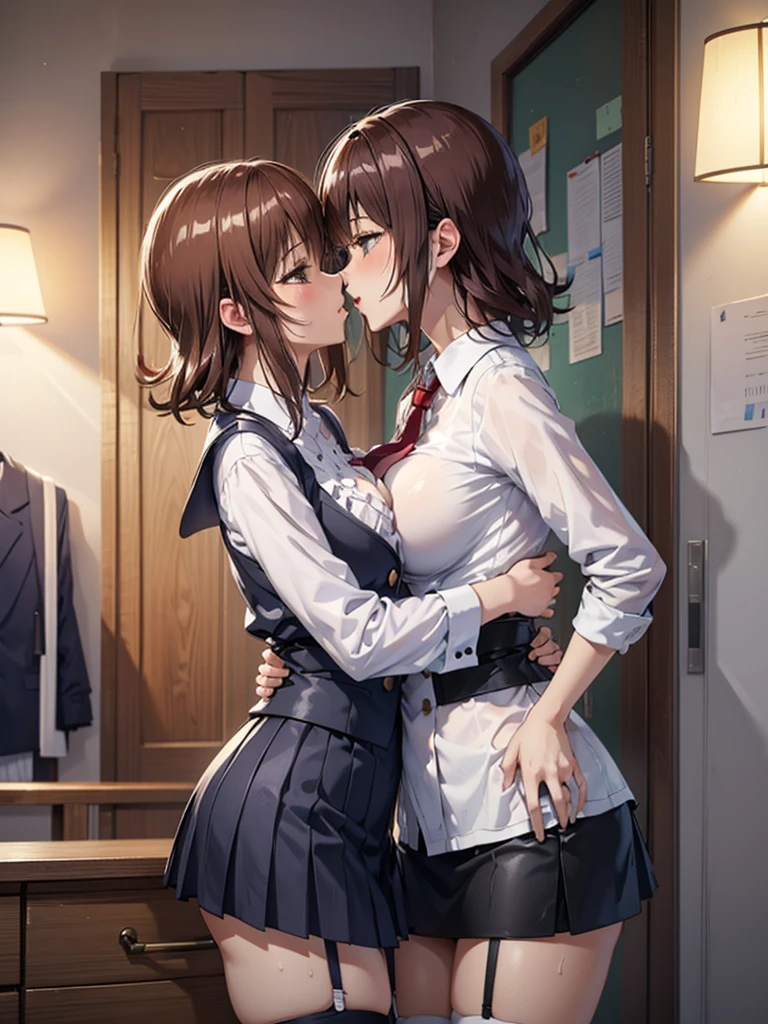 ((Best Quality)), ((masterpiece)), (detailed), Man and Woman,Age 25,uniform,student,(mini skirt),(Please open the buttons on your shirt),Shoulder Bare,Red cheeks,Underbust,(I can see your chest),(Excited expression),(Seduce),night,circuit,Dim lighting,(暗いnightの背景),(Dimly lit changing room),(Dirty changing room),Take a closer look,sexy,Side view,抱き合うMan and Woman.Kissing an obese elderly person,(Standing old man),(Old man and woman hugging),sweat,(Black garter belt),Short Hair,