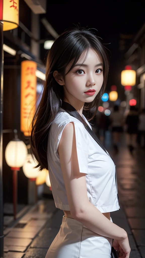 photorealism, (upper body), (portrait:1.2), KOLNB,a beautiful woman, beautiful face, wear a white mini shirt and black short pencil skirt, japanese umbrella, bokeh, Chinese festival street, (nigh street:1.2), depth of field, columns, temple, lanterns.
Best quality, uhd, 8k, hyper detailed,Ahri