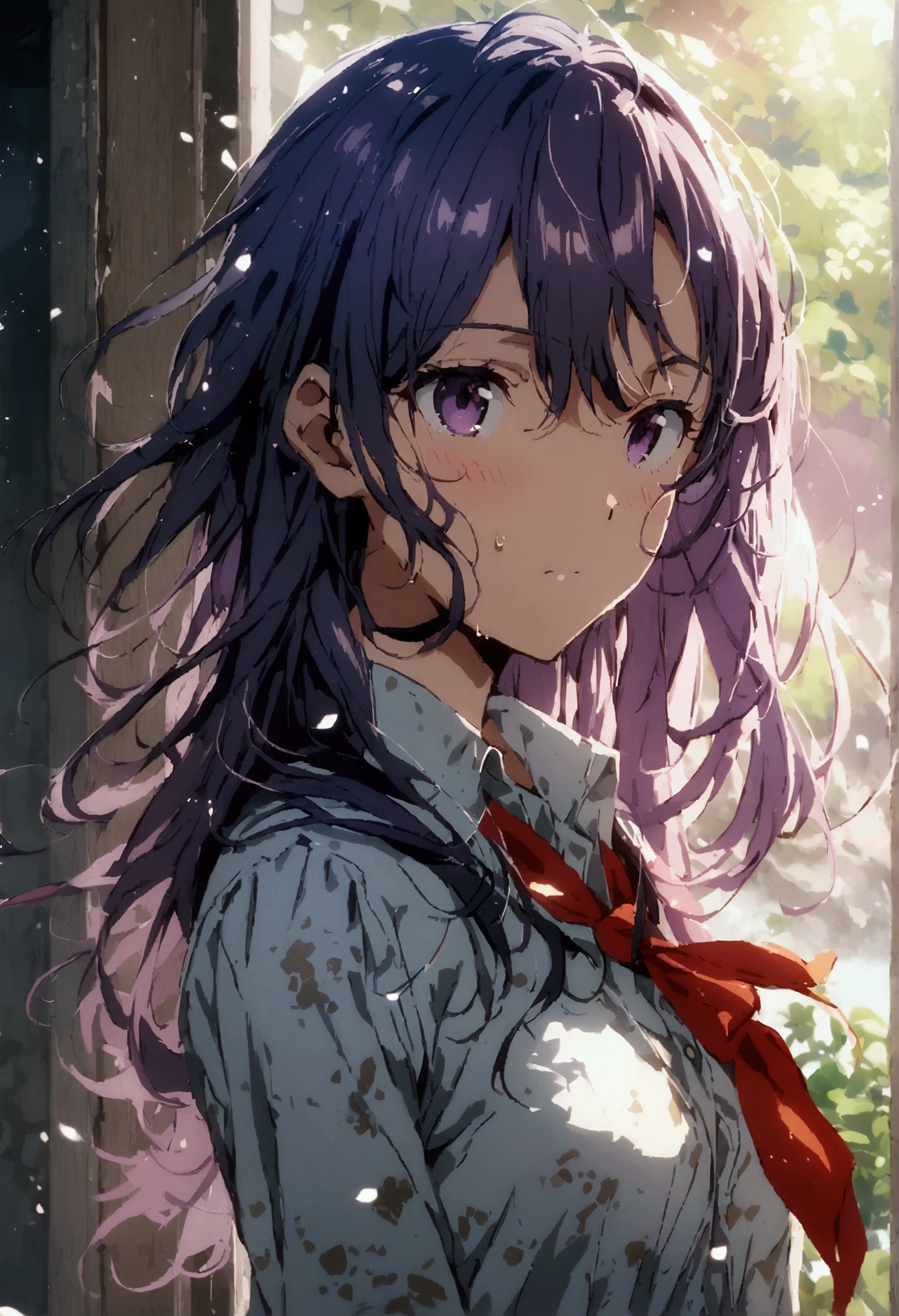 Best Quality　Masterpiece　Black Hair 　Long Hair　Rosidere　Kimishima Ayano medium breasts purple eyes anime style　High school girl　uniform　Absolute territory