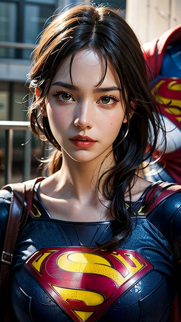 ((Beautiful Face:1.2)),((realistic:1.2)), ((Superman&#39;s high neck suit:1.4)), ((Large Breasts:1.4)), Toned body, (Background explosion、Ruined city), Style - BladeRunner2049-8v Complex, high detail, Sharp focus, dramatic, ((Realistic))