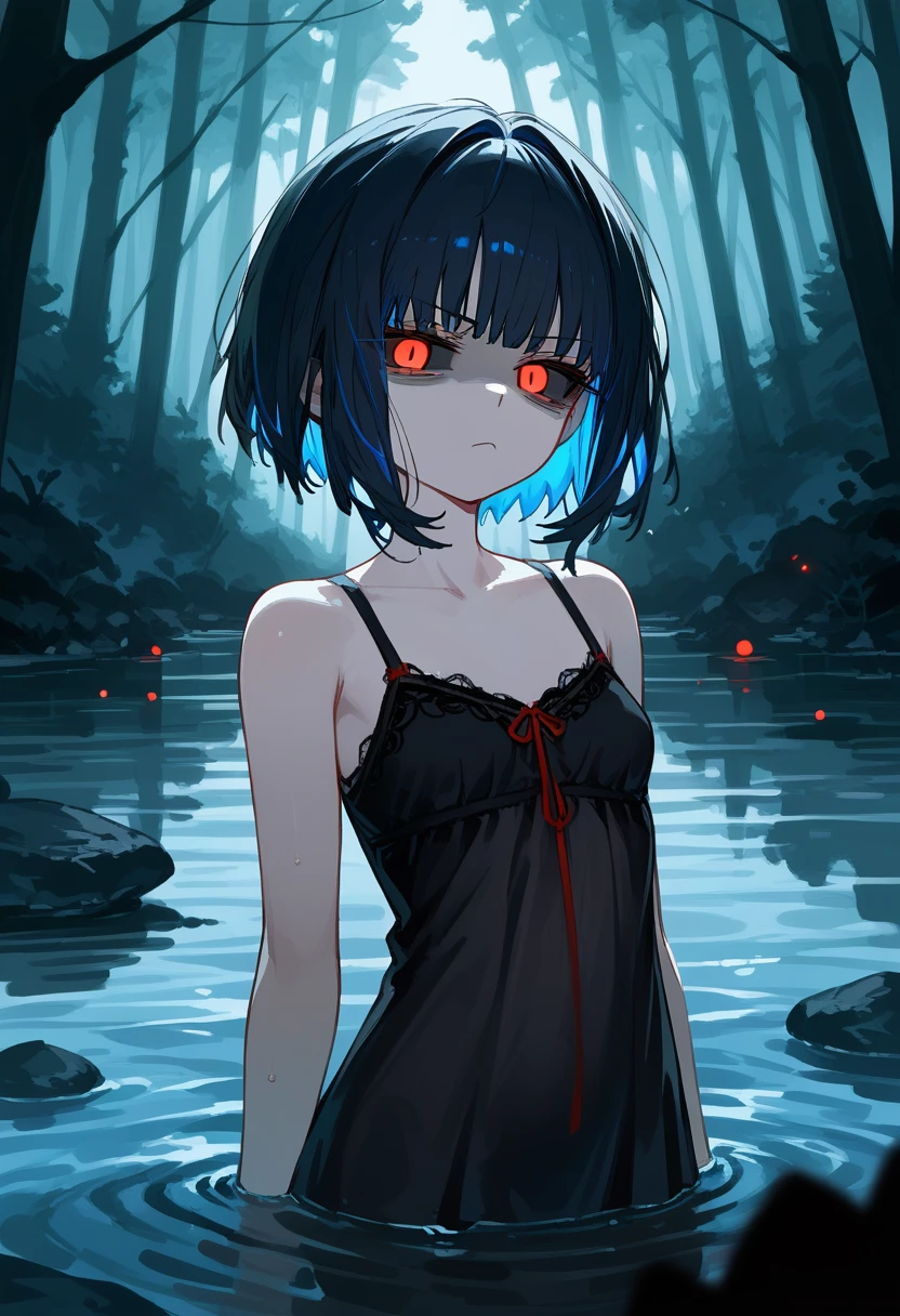style_3, 1girl, solo, red eyes, black sclera, short hair, black hair, colored inner hair, blue hair, sidelocks, black chemise dress, bare shoulders, arms on sides, upper body, looking at viewer, narrowed eyes, serious, shaded face, bags under eyes, glowing eyes, small breasts, river, partially submerged, forest, night, terror scenery, terror black monsters around, facing to the right, masterpiece, score_9, score_8_up, score_7_up