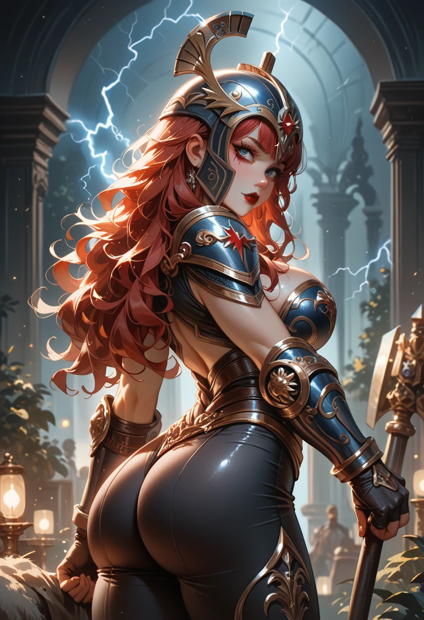 woman hammer thor armor helmet makeup long wavy hair red lipstick athletic body slim waist big breasts big buttocks dark clothes thunder lightning athletic body slim waist big breasts big buttocks long hair 