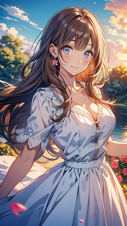 (High quality, High resolution, Fine details), setting sun, Backlight, A straight stretch of railroad track, White Dress, White Hat, solo, curvy women, light brown hair, sparkling eyes, (Detailed eyes:1.2), smile, blush, Sweat, Oily skin, shallow depth of field, Fantastic