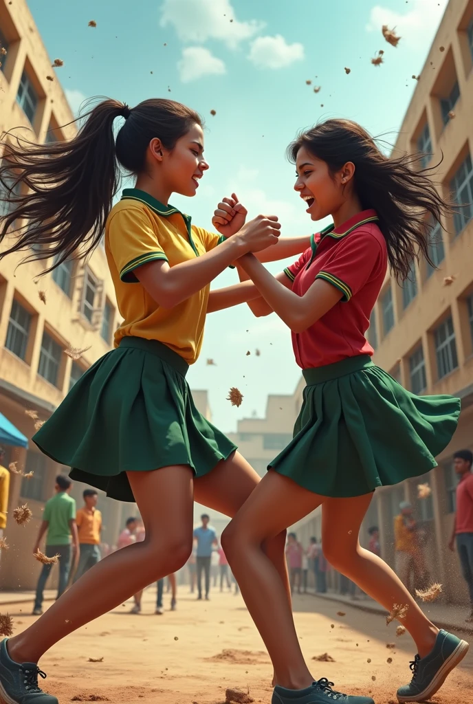 A wrestling fight between 2 Indian girls at school . In Pants. With anger in face. In school playground. Other students cheering them