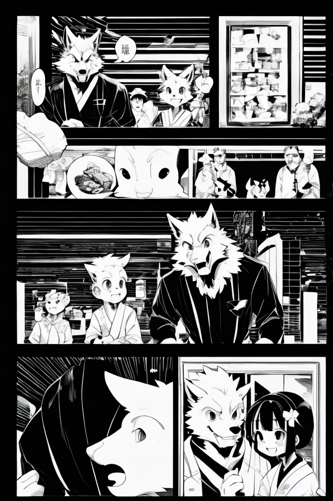 Black and white comics、Japanese Manga、Monochrome、 Conversation scene、Comical werewolf in a long-sleeved black shirt、Right in front of you、A delicious looking cartoon of meat appears、Happy Face、smile、cute、