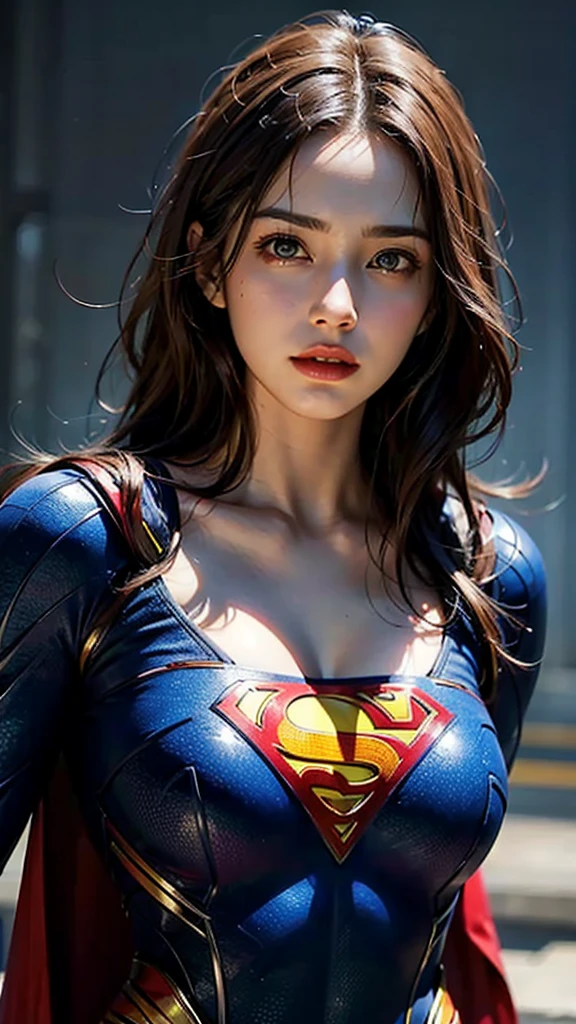 ((Beautiful Woman:1.2)),((realistic:1.2)),((Upper Body)), ((Superman&#39;s high neck suit:1.4)), ((Huge breasts)), Toned body, (Background explosion、Ruined city), high detail, Sharp focus, dramatic, ((Realistic))