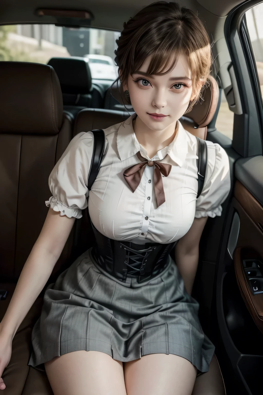 She is a high school student. Her haircut is a pixie haircut. Her hair looks like Amara Tenou. Her hair looks like Audrey Hepburn. She wears a school uniform designed like a dirndl、Red ribbon at neck、White shirt、Brown Dirndl、Too beautiful girl、Dark brown uniform、She brags about the clothes she wears、 There's a corset-like thing attached to his waist. The corset is also brown. Corset is made of cloth. She wears sock garters on both legs. The color of the sock garters is black. She is not wearing shoes. Her face is so young. She is sitting in the passenger seat of the car. She looks very happy.