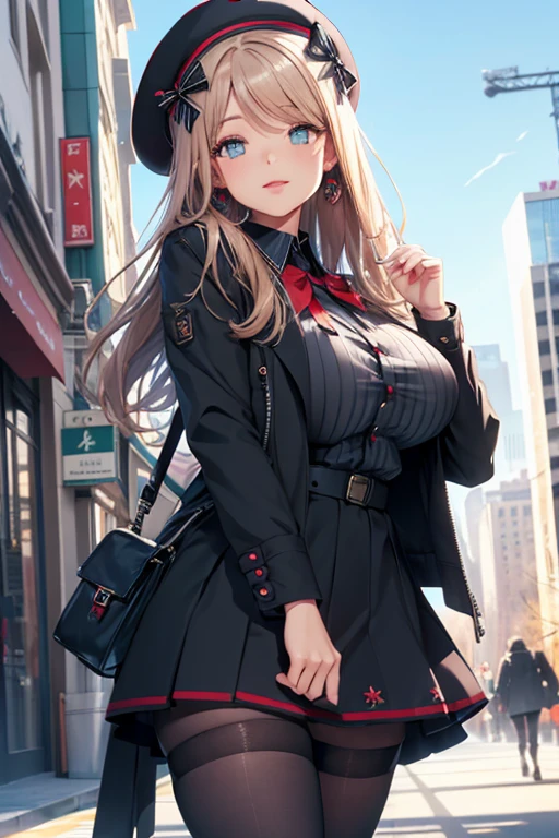 (Cityscape), (Detailed eyes and face:1.3), (Very nice and beautiful:1.1), (Perfect detail:1.1), Nod, Emadef, beret, bow, skirt, jacket, Pantyhose, Black shirt Emma Winter, White knee socks