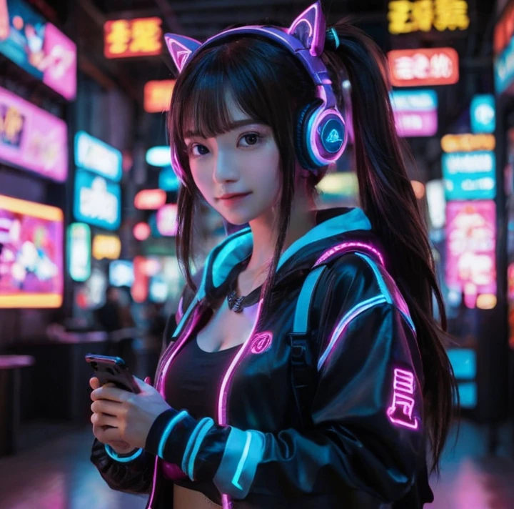 ((8k, RAW photos, best image quality, masterpiece,:1.2)), (realistic, photorealistic: 1.3),(depth of field: 1.2),18 years old beautiful Japan girl, dynamic angle,(1 person:1.3),1 girl,solo,sci-fi,futuristic idol, colorful and high-tech idol dress, glowing neon light idol dress, holographic clothing, reflective dress, techwear, volumetric lighting, glowing eyes, multicolored hair, flowing hair, (gradient neon color: 1.5), flash, real skin, HDR, fisheye, all-out smile, microphone, cat ear headphones, neon lights, neon rim lights, glowing neon on stage, laser beam on stage, psyllium, spotlight, cowboy shot, moody lighting, concert venue, (backdrop of packed arena seats: 1.5), (singing with a smile holding microphone on stage: 1.5),complex details, cyberpunk, (exploding pixel particles: 1.2),cinematic lighting, dynamic lighting
