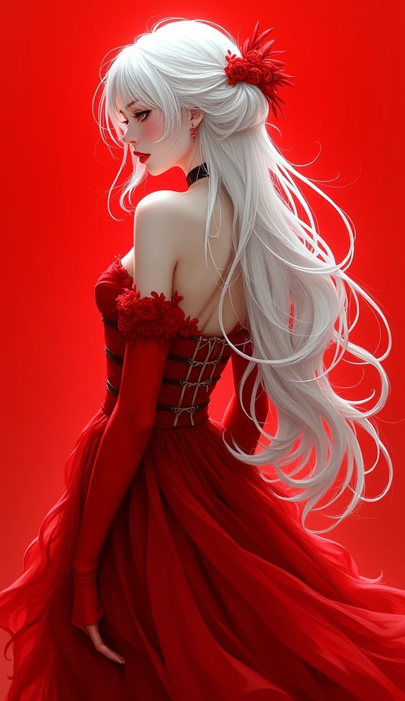 finest image, portrait, female, sexy, beautiful, cute, flat chest, abs, slender, amorous expression, lewd expression, ecstasy, orgasm, light silver glossy flowing layered iridescent hair, blue sparkling eyes, red alluring moist lips, red long dress, red long gloves, background royal palace, many falling petals, professional lighting