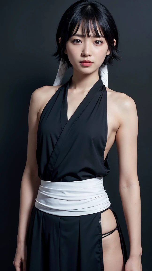 outdoors, 1girl, solo, black hair, short hair with long locks, short hair, (detailed face), Very fine and delicate eyes, (small breasts), (brown eyes:1.1),low twin braids,cowboy shot, facing viewer, looking at viewer, grin, black hakama, black costume, (thighs glimpsed of side slit hakama), full body, grey background, elbow gloves, bare shoulders, collarbone, ultra detailed, Best Quality, Masterpiece, 8k, realistic