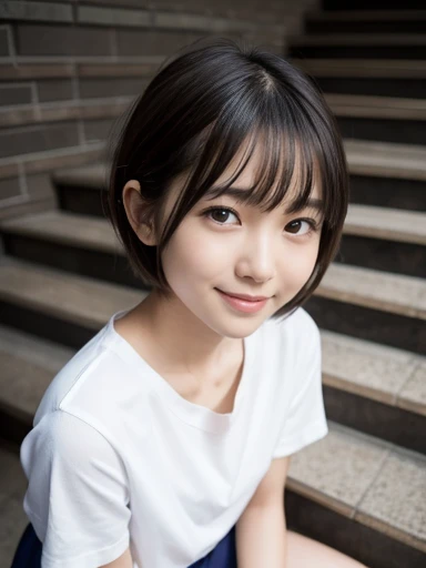 masterpiece High resolution Female student Delicate face very cute natural atmosphere boyish Bobcut Dimples Mole Tanuki face White T-shirt Are standing