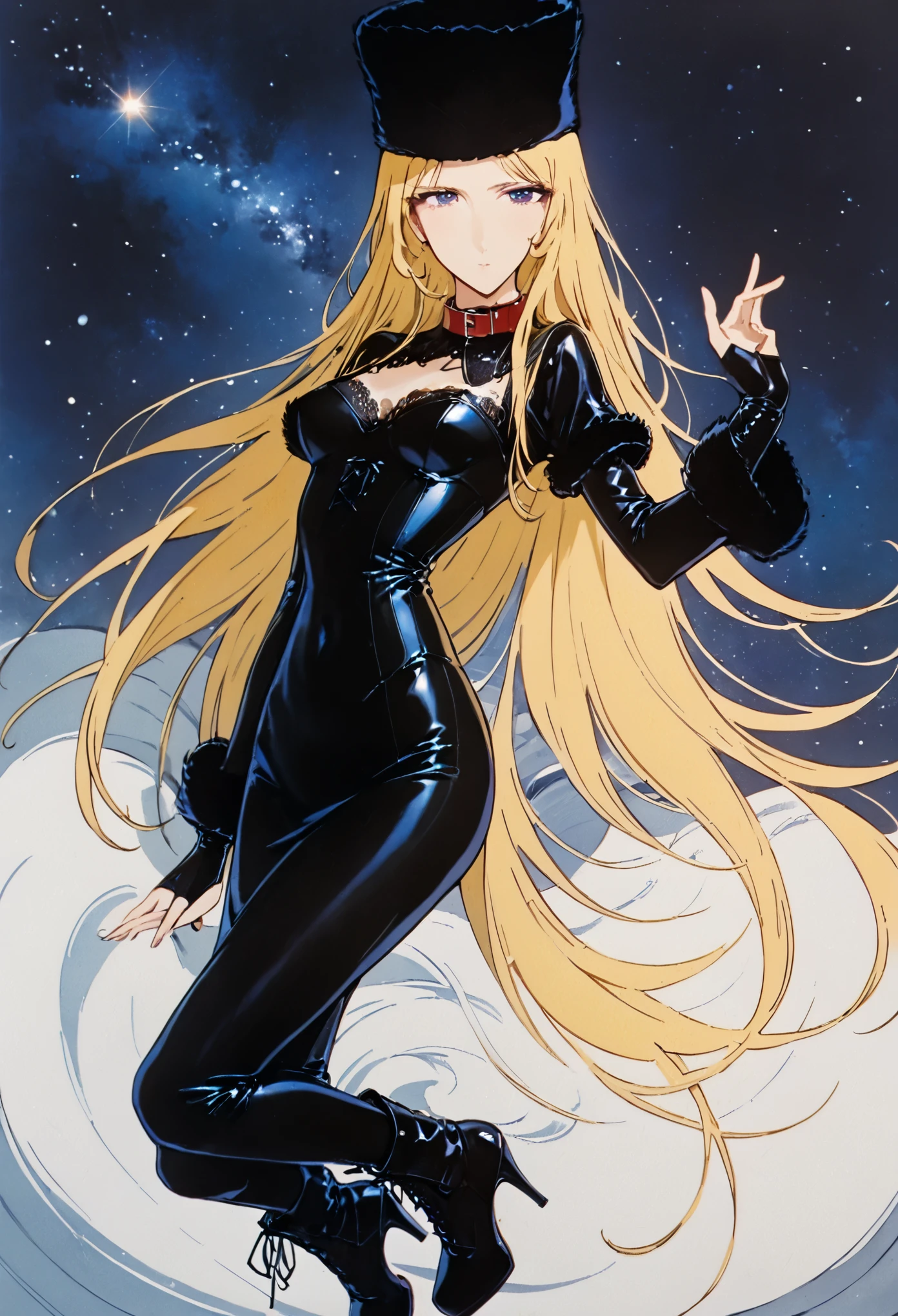 (((Yankee sitting:1.4)))、(((Leg spread:1.4)))、(((Squat with your legs wide apart:1.4)))、(((Squat with your legs in an M shape:1.4 )))、、Queen、spouse、(((One Girl)))、(((Alone:1.8)))、(((Black latex elbow gloves:1.4 )))、(((Black latex corset dress:1.4)))、(((beautiful lace corset dress.)))、(((Corset dress with shoulder straps)))、(((Black latex tight mini skirt:1.4)))、(((Black knee-high boots)))、(((Black rubber tights:1.2 )))、(((Stiletto heel boots:1.4)))、(((Black latex panties)))、(((black latex bra)))、(((Red leather collar)))、(((Sexy pose:1.4 )))、Wide leg:1.2、(((Erotic)))、(((Cowboy Shot)))、close、beautiful, Smooth and、A perfectly balanced body、Two perfect arms、Two legs with perfect anatomy、(Four perfect fingers and one thumb)、Previous phone number, Retro Style, 1980s, Flat Color, pdf file, Best Quality, Great quality, Score 9, One Girl, Black clothes, space, Flowing Hair, Reaching for a fur hat, Facing forward and looking at the viewer、Looking into the camera、