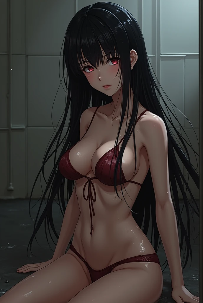 Highest quality, Dark skinned female warrior,Long black hair, Red eyes, (Small breasts), (((Wearing a white bikini))),(((Injury))),(((Are crying))),(((Captured by a monster))),(((Kneel))),(((Spread your legs))),(((Pussy juice stain))),Browsing Caution