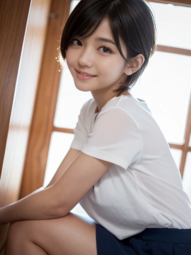 One girl,summer,Inside the room,Bed,sleep,Black Hair,Fluffy short hair,Navy Blue,Tank top,Chest line,smile,6th grade elementary school,Neat face,front,Look here,transparent, Soft Light,(masterpiece, Highest quality), Structure of the film, Like a movie
