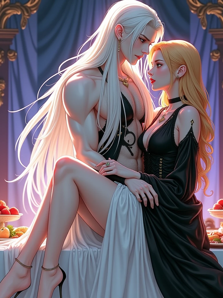 mulher grisalho com cabelos brancos, vestido curto, grande decote, cabelos longos liso, menina de cabelos brancos perfeitos, menina com cabelos brancos acompanhada de um homem, homem alto homem de cabelo preto homem musculoso vestindo roupa de gala, homem com musculos grandes, olhos perfeitos, os dois com olhos perfeitos, German style bearded man, serious face, peludo, cabelo preto, se olhando, acompanhando a mulher,Tema Dia dos Namorados, candlelit dinner, celebration, felicidade, perfil do homem do cabelo rasgado preto escuro, se encarando, ar romantico,arte no estilo de guweiz, no estilo de ross tran, deviantart artstation cgscosiety, bela arte digital, garota anime sedutora, flowing white hair, estilo artgerm, inspirado em Ross Tran,