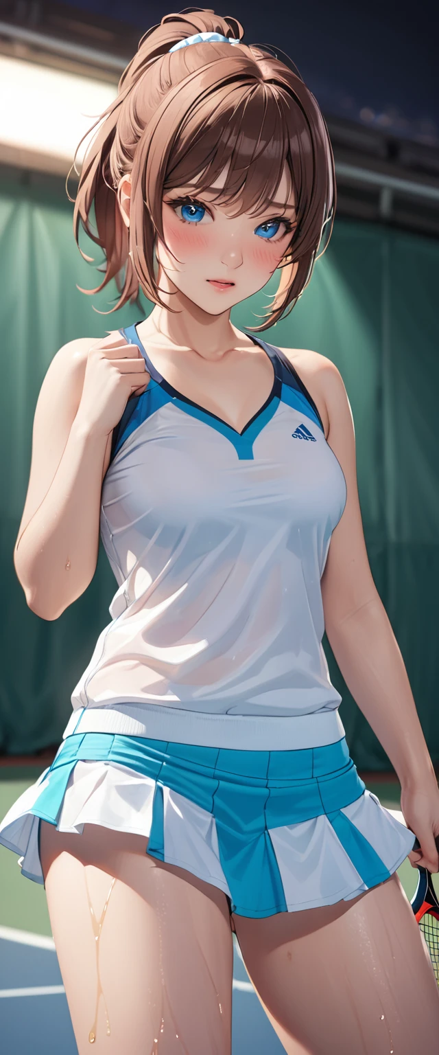 woman,25 years old,,tennis uniform,short hair,,Mansuji, ,,I can see my underwear,Full body Esbian, (close shot, highest quality, High resolution, 4k, detailed lighting, shader, NSFW),  closed mouth smile  ( blush:1.2)(),lift up skirt