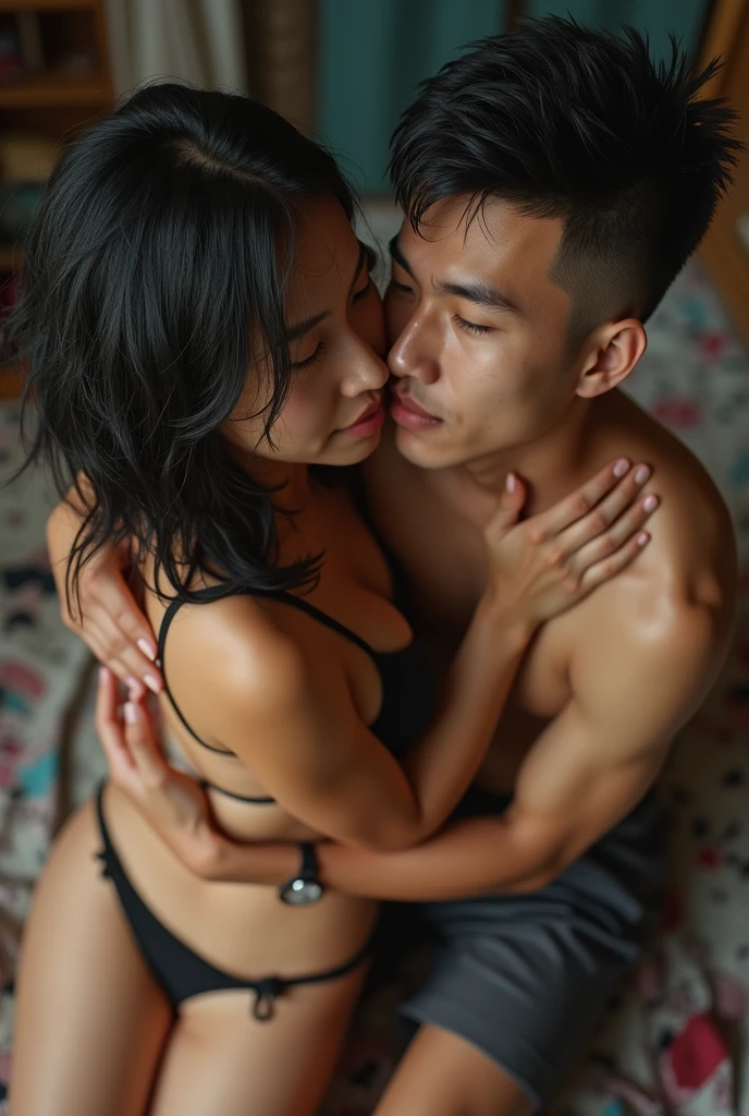 Black man and Asian woman lying in bed, woman in very transparent lingerie, girl kisses man's penis, man caresses girl's breast, arms behind head, Protruding breasts, no briefs, Legs spread very wide, Vagina visible