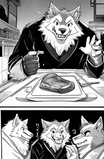 Black and white comics、Japanese Manga、Monochrome、 Conversation scene、Comical werewolf in a long-sleeved black shirt、Right in front of you、A delicious looking cartoon of meat appears、Happy Face、smile、cute、It&#39;s a happy conversation with meat.