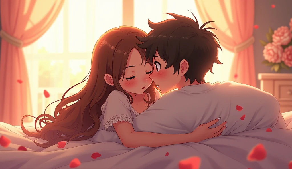 "Create a romantic image of a 21 year old anime boy and a girl lying under a blanket on a bed. The boy holds the girl closely, with a seductive smile, while the girl gazes at him with a shameful expression, alluring expression. The background should be softly lit with a sultry, night-time ambiance. Capture the intimacy and passion of the moment, reflecting the line 'You must be tired, because you've been running through my dirty thoughts all night.'"