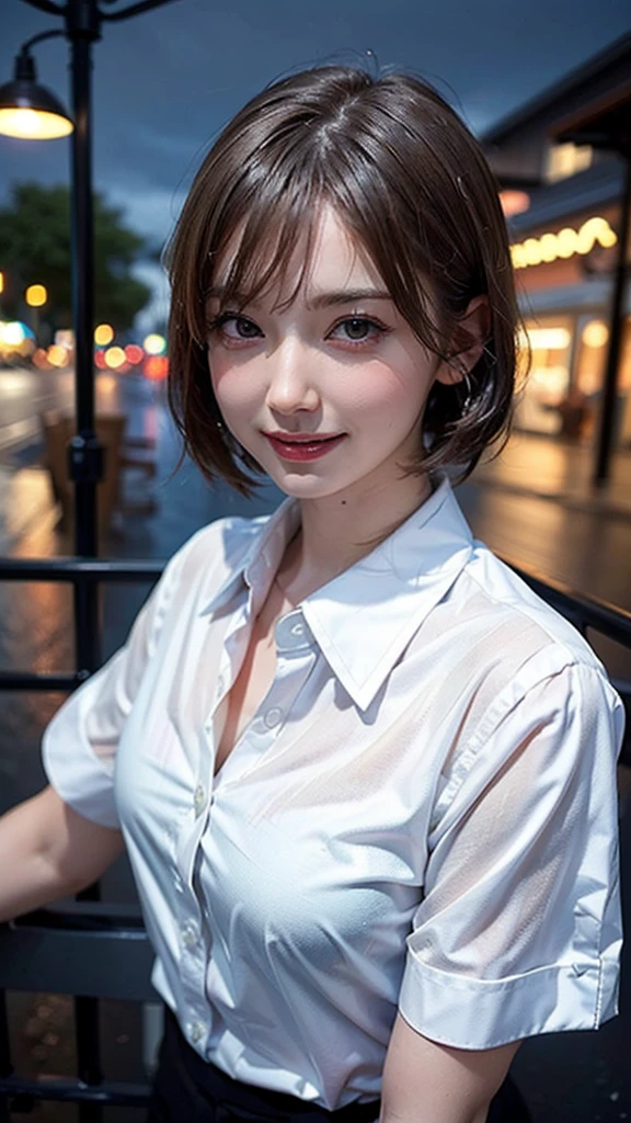 (8k, Best Quality, masterpiece: 1.2), (Realistic, photoRealistic: 1.37), Very detailed, 1 girl, , Alone, small breasts, Beautifully detailed skies, Detailed Cafe, night, (), (smile: 1.15), (Mouth closed), small, (Collared shirt: 1.4), night, Wet, Office Clothes, rain, White lace, (Short Hair: 1.2), Floating Hair NovaFrogStyle, Random sexy poses,