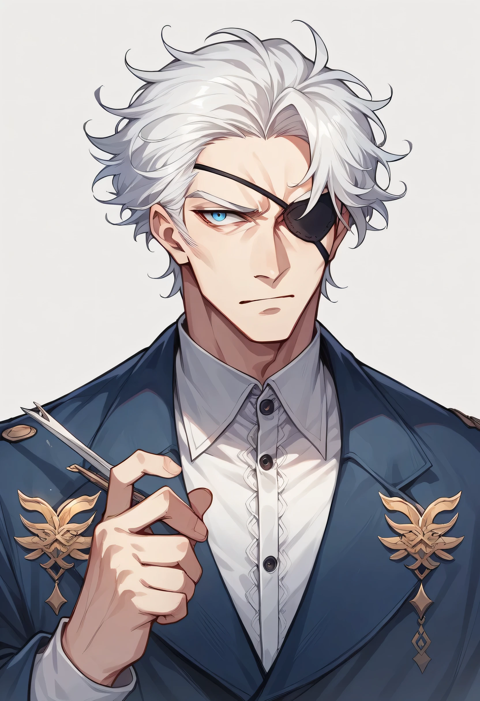 Basically, white hair, blue left eye, right eye with an eye patch, the basics, Danish standard, clothes suit Greece,