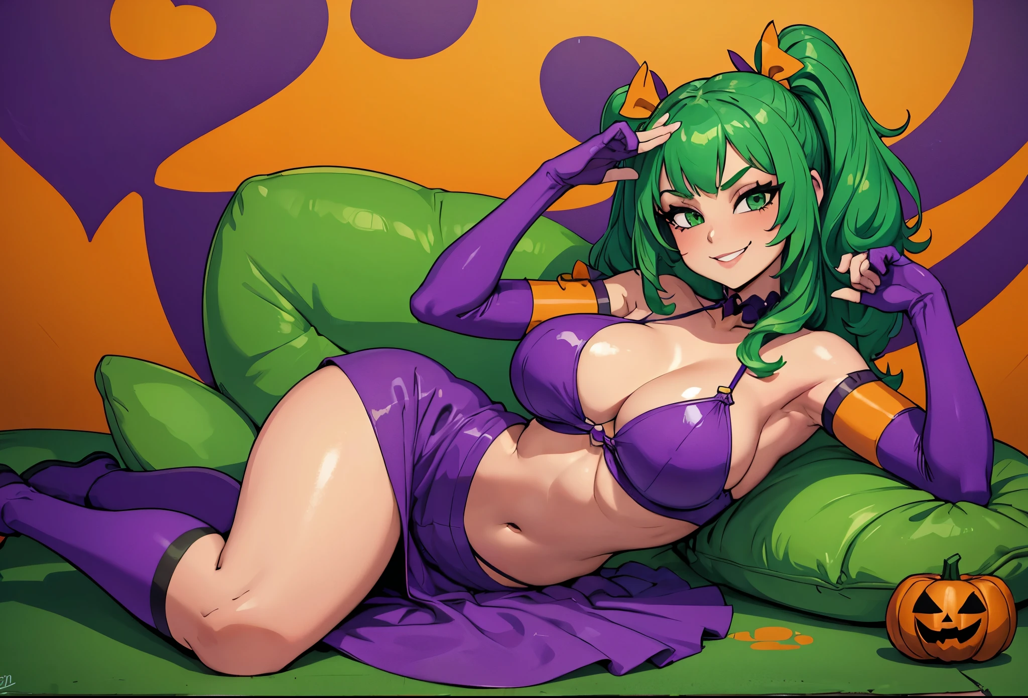 Chibi, nsfw , green hair , green eyes, big breast stunning full body display showing beautiful face and perverted look wiewer lust, tacones altos legs spread legswide showing pussy wet 