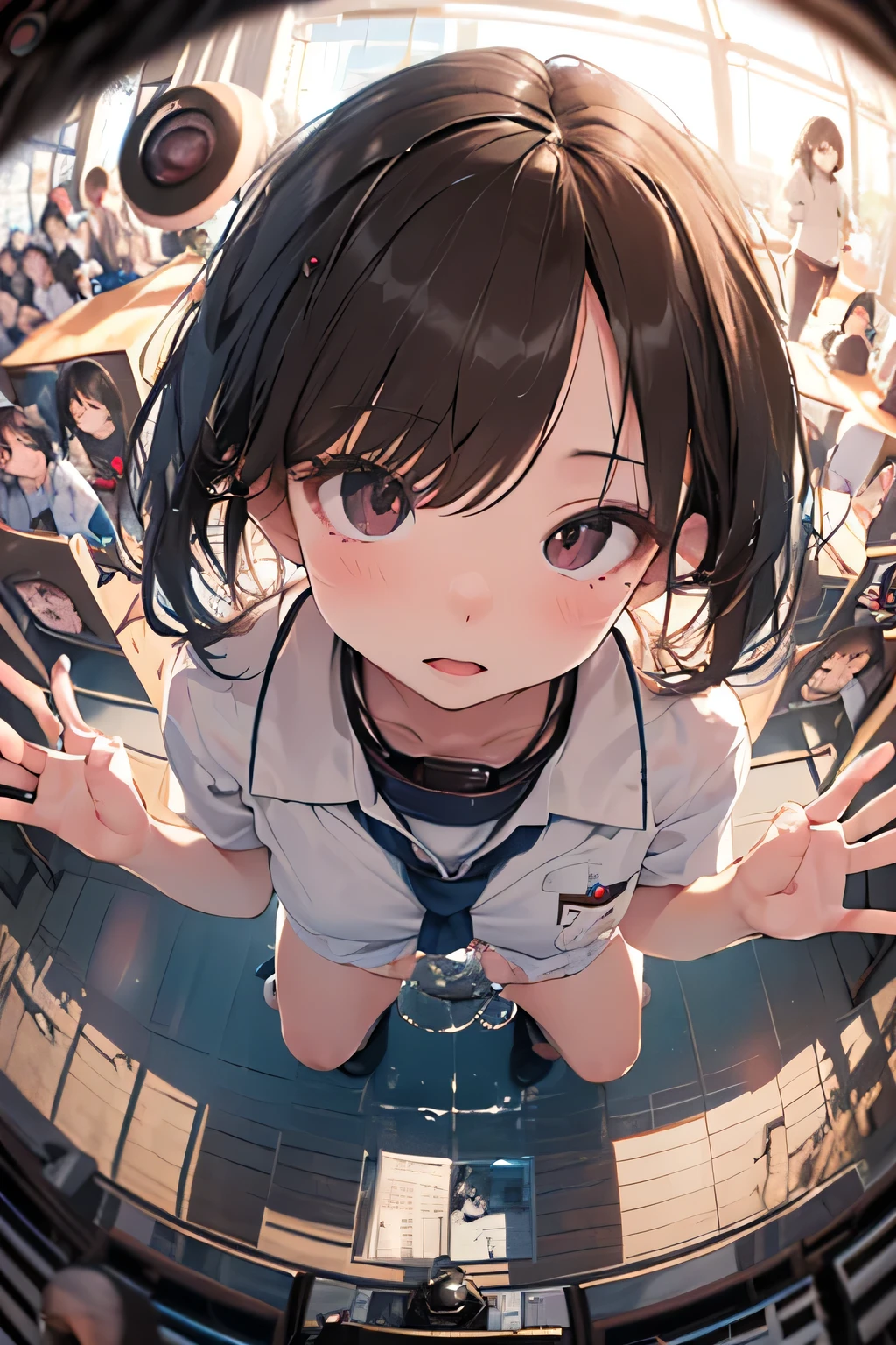 nsfw、16k、***e ************************** showing off her white panties、(Squat:1.3)、(Transparent white school uniform、mini skirt)、Water flows from the crotch、,((Looking up at the audience)),Face Focus:1.4、((Shooting from above with a fisheye lens:1.4))