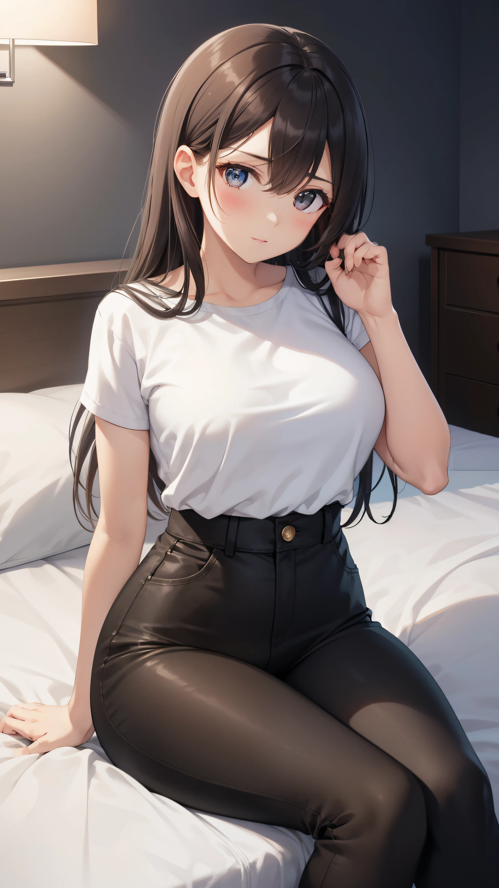 Create a 1 female character with long, straight hair that reaches her waist. The hair is a deep black, shiny and soft to the touch. She has side swept bangs that partially cover her right eye., which is a light brown color with a slight shine. The character is about to move the bangs to the side with a delicate hand, but without touching it, making a subtle gesture. She is looking at the viewer with a curious expression and a slight gloss on her lips., as if I were using a lip balm.
She wears tight black pants made of a light material and a pink shirt with a white bear design in the center.. The character has medium breasts and a slightly narrow waist., with normal size curves. Sitting on the red bed, has both legs bent to one side and the body turned towards the viewer. One hand is resting on the bed to support the weight and the other is raised near the bangs, with the body leaning slightly forward, showing interest or expectation. The room has soft pastel walls and a table lamp on the left, creating a welcoming atmosphere. The background is simple, without many details, focusing mainly on the girl and her gesture.