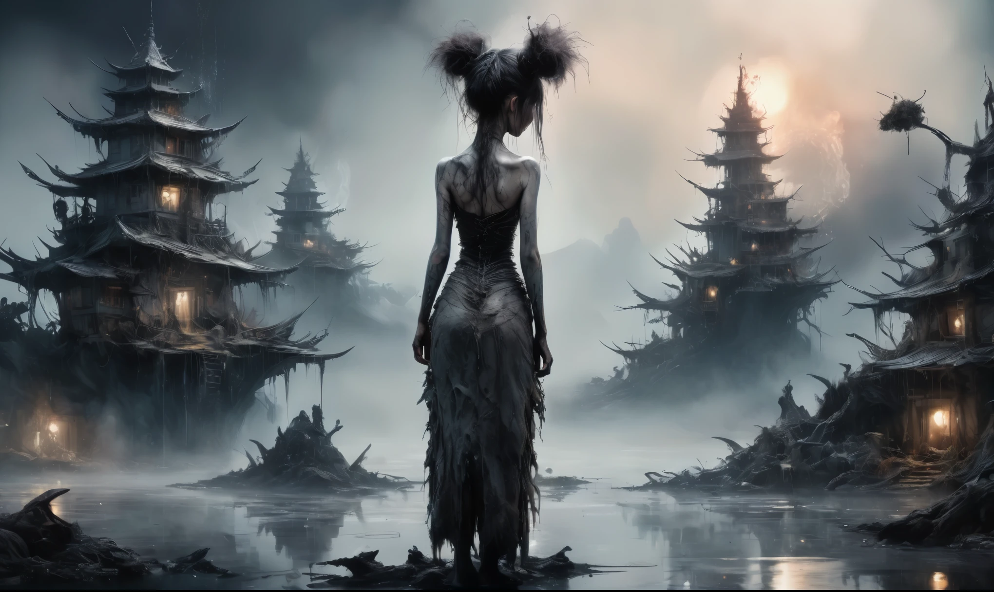 view from height,full-body-shot,obsidian The Alien Entity Moana, sassiness temper,natural jellyfish's skin textures, RAW,full body length,graphite cooper The Alien Entity,ominous landscape,dangerous atmosphere,intricate details,view from height,full-body-shot,nurse from Silent Hill, poison and toxic hands,chinesse starshipers village,authentic,by Ellen von Unwerth,starfish's leather,Mulan,sunset, a Tim Burton-inspired dreamscape,Bun Hair,(Folk clothes:1.5),full body length,niobium goblin,native africa xenomorph,once pretty face,eyebrow up,full body shot,ominous landscape,niobium gray atmosphere,photo,photorealism,Masterpiece,hyper natural skin textures, hyper realism,hyper detailed,High contrast,Realism,Ultra Detailed,irina yermolova,close full body shot,32K resolution,Nikon Z9, ,demonic, fog, smoke, audience, mist, featuring ultra-realistic and hyper-realistic elements, Marta Bevacqua, Ellen Jewett, Kawacy, Katsuya Terada, Carne Griffiths,concert lighting, bokeh, luminal space that feels both bright and surreal. Includes liquid fluid elements for added depth and movement. Rendered in an unreal engine and post-processed to achieve . Evokes a sense of dreamy, ethereal and mystical mood,horror pixar movie still,thriller disney movie ,pixar render, animated ,indoor psychiatric clinic