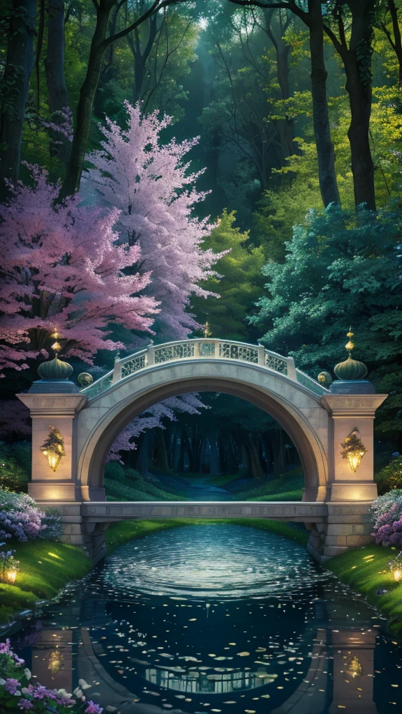 masterpiece, best quality, 8k, enchanted forest, vivid colors, magical atmosphere, whispering trees, magical whispers, harmony of nature, ethereal magic, breathtaking beauty, mysterious wonder, curved marble bridge, front view of the beginning of the bridge