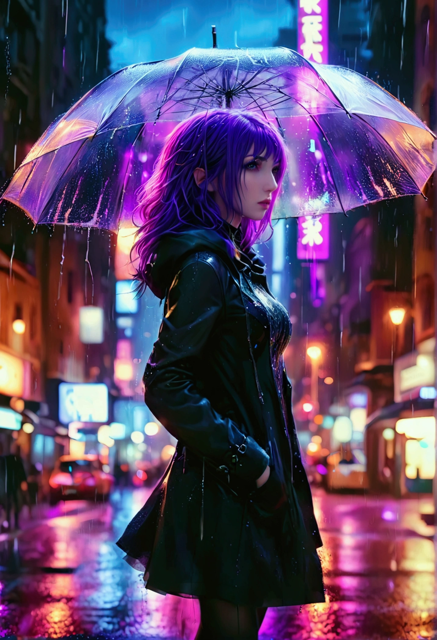 (1girl), masterpiece, photorealistic, 8k, (realistic: 1.2), full body, looking at viewer, pantyhose, purple hair, (kafka: 1.2), walking, beauty, (medium breasts: 1.2) night, night sky, city, cityscape, rain, (dramatic: 1.2)