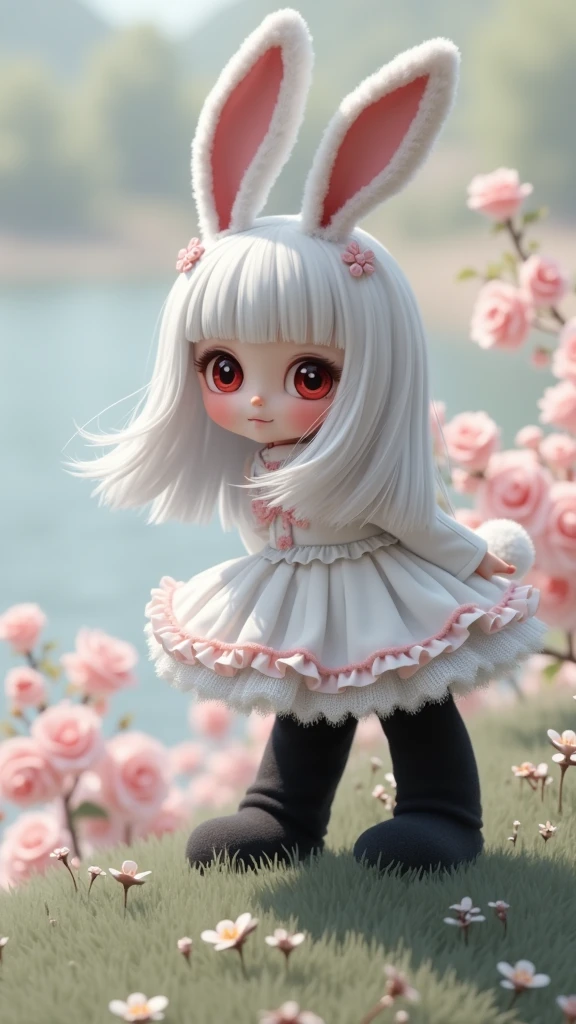 8k,wallpaper of extremely detailed CG unit, masterpiece, high resolution, top-quality, top-quality real texture skin, hyper realistic, digital painting, increase the resolution, RAW photos, best quality, highly detailed, the wallpaper, BREAK ,solo,1girl\((chibi:1.5),cute,kawaii,small kid,(white hair:1.4),(very long hair:1.6),bangs,(ear\(fluffy,white,rabbit-ear\):1.4),red eye,big eye,beautiful shiny eye,skin color white,big hairbow,(white frilled dress:1.3),breast,cute pose,clay\),background\(some roses,by the beautiful lake,beautiful sunny day\),clay animation,3d,oily,landscape