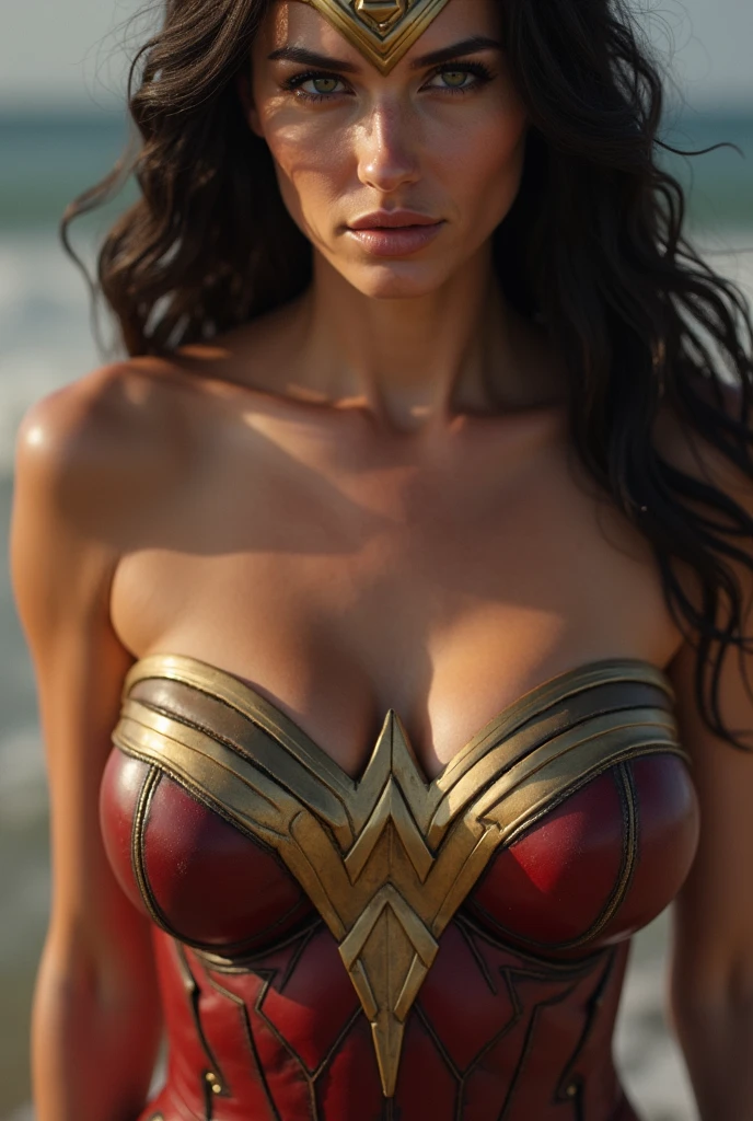 Create an image of a sexy and tall dark brunette with slightly wavy hair, standing at 175cm tall. The woman should be dressed as Wonder Woman, showcasing her hot armor and amazing physique with an hourglass silhouette. The background should be a destruction scene, adding to the dynamic and alluring nature of the image. The overall look and feel of the image should be that of an erotic and dynamic scene, with a focus on creating an erotic and alluring image that showcases the woman's sex appeal as a superhero, viki odintcova, nude tits