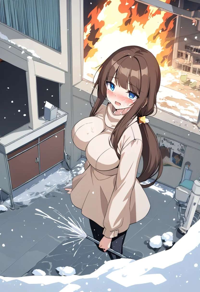 1girl, solo, nsfw,, (wearing nothing:1.6), large breasts., empty eyes ,tiffa adill,blue eyes,brown hair,long hair,blunt bangs, low ponytail,, big breasts, Abandoned amusement park、 file, crying ,flooding, abandoned hospital, fire, heavy snowfall, frozen, whole body, , lightning strike Peeing, lactation, projectile lactation (Sweating profusely, Love juice, Wet Woman, female ejaculation)