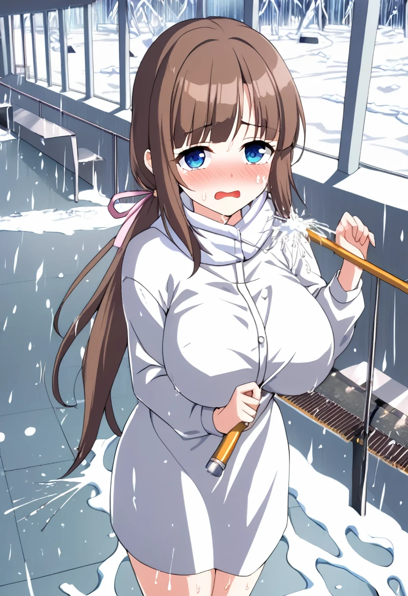 MASHIROTOUKO, BLACK HAIR, LOW TWINTAILS, HAIR OVER SHOULDER, HAIR RIBBON, BLUNT BANGS, LONG HAIR, BLACK EYES,  1girl, solo, nsfw,, (wearing nothing: 1.5), large breasts., empty eyes , nipple, big breasts, Abandoned amusement park、 file, crying ,flooding, abandoned hospital, heavy snowfall, frozen, whole body, Peeing, lactation, projectile lactation,  , Sweating profusely, Love juice, Wet Woman,  female ,