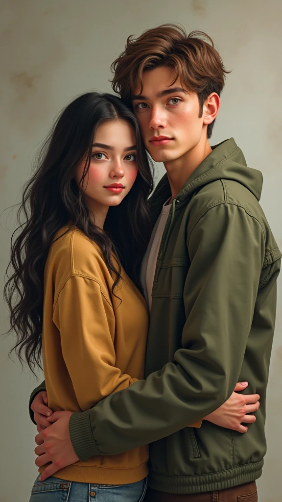 Imagine a  girl with black hair, waist length, and wavy. His eyes are a deep brown color. He has big legs and slightly broad shoulders., with a chubby complexion and white skin. Next to her is her partner, A 1 boy, of approximately 1.80 meters high. He has a medium build, with broad shoulders and slightly muscular arms. His hair is light brown, short and slightly disheveled, and her eyes are hazel green. realist