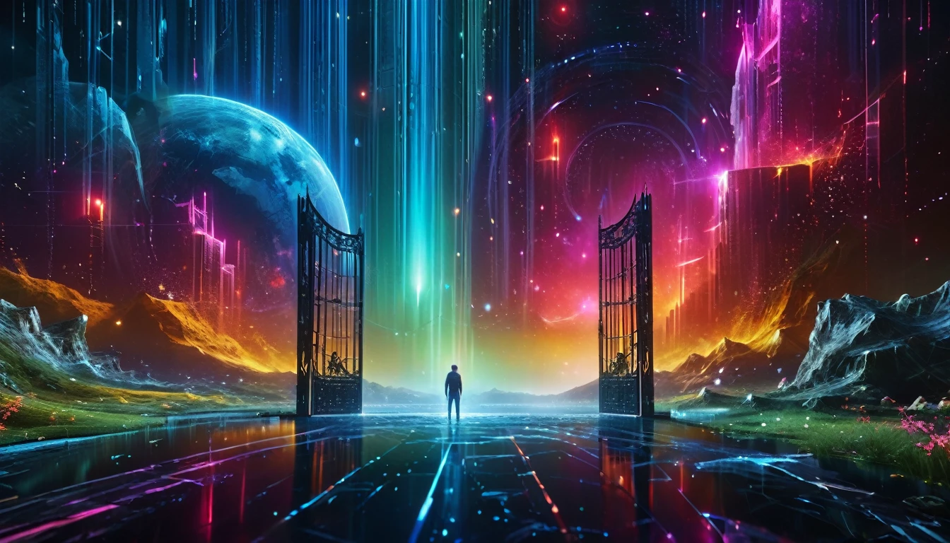 A distant shot of a person standing in front of a vast natural landscape growing out of a vast universe gate with the universe landscape as a backdrop., Mysterious colorful lights, UHD, By Alexander Jansson and Aleksi Briclot and Arnold Böcklin