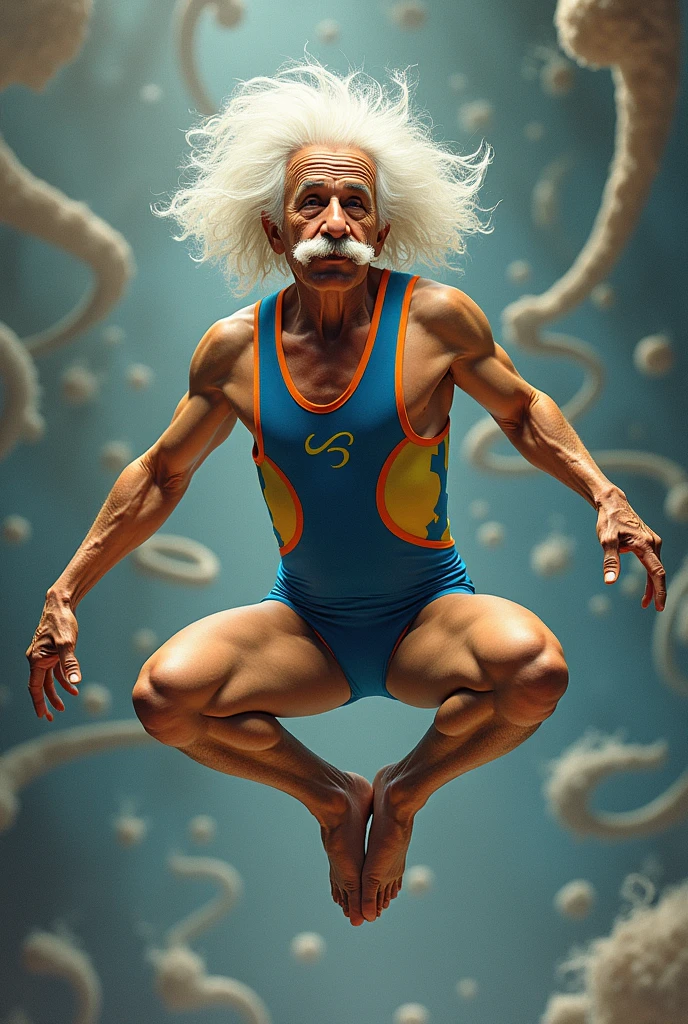 Discobolus with Einstein's face in its place. With a colored atom on top of the disk