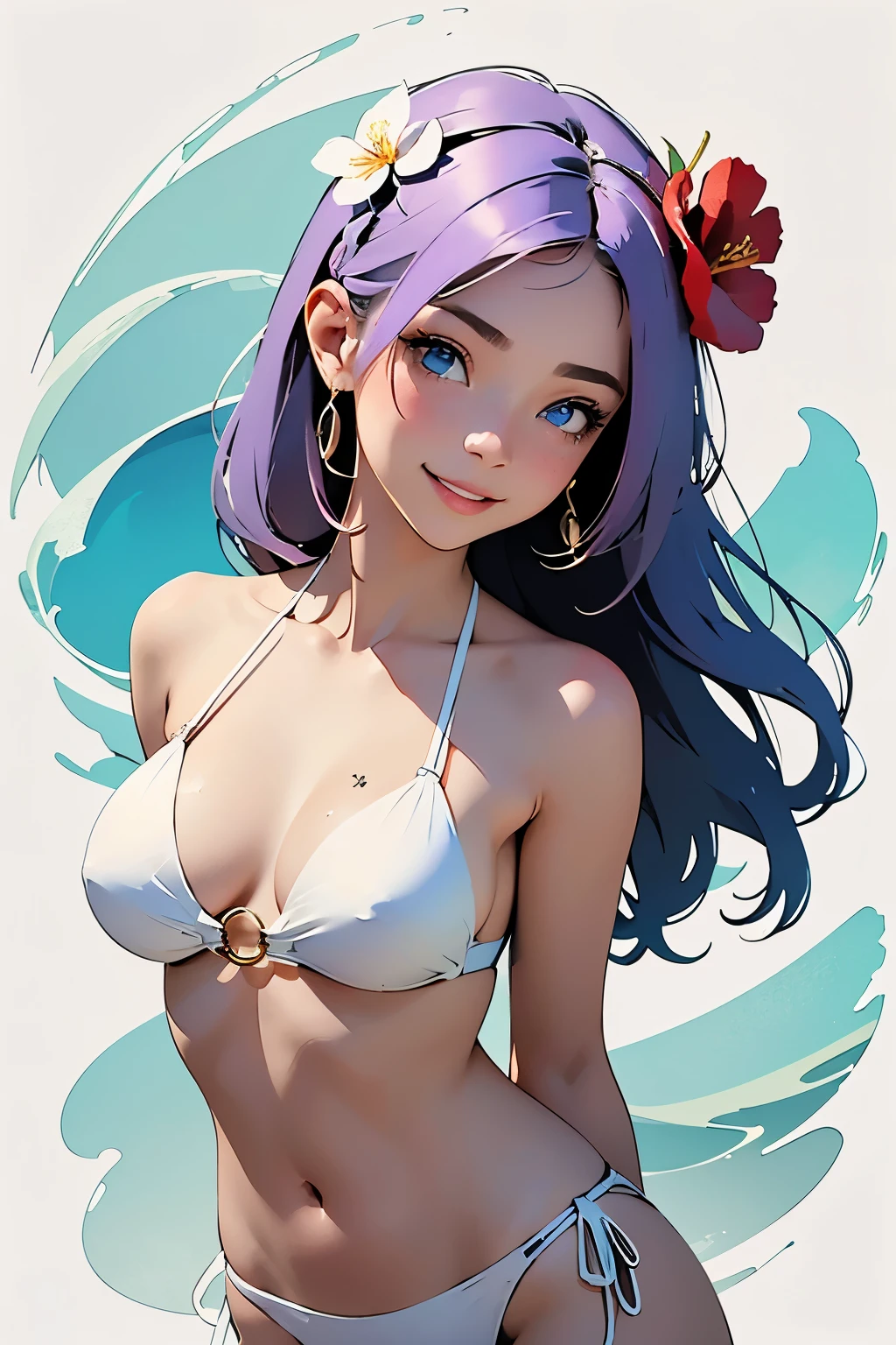 1girl, solo, in the style of an ink wash painting, wearing a hibiscus hair ornament, flower, vibrant blue eyes, white swimsuit, skimpy bikini, simple background, smile, white bikini, long hair, looking at viewer, flirtatious stance, blushing, underboob, arms behind back, o-ring, anime, seductive, adult