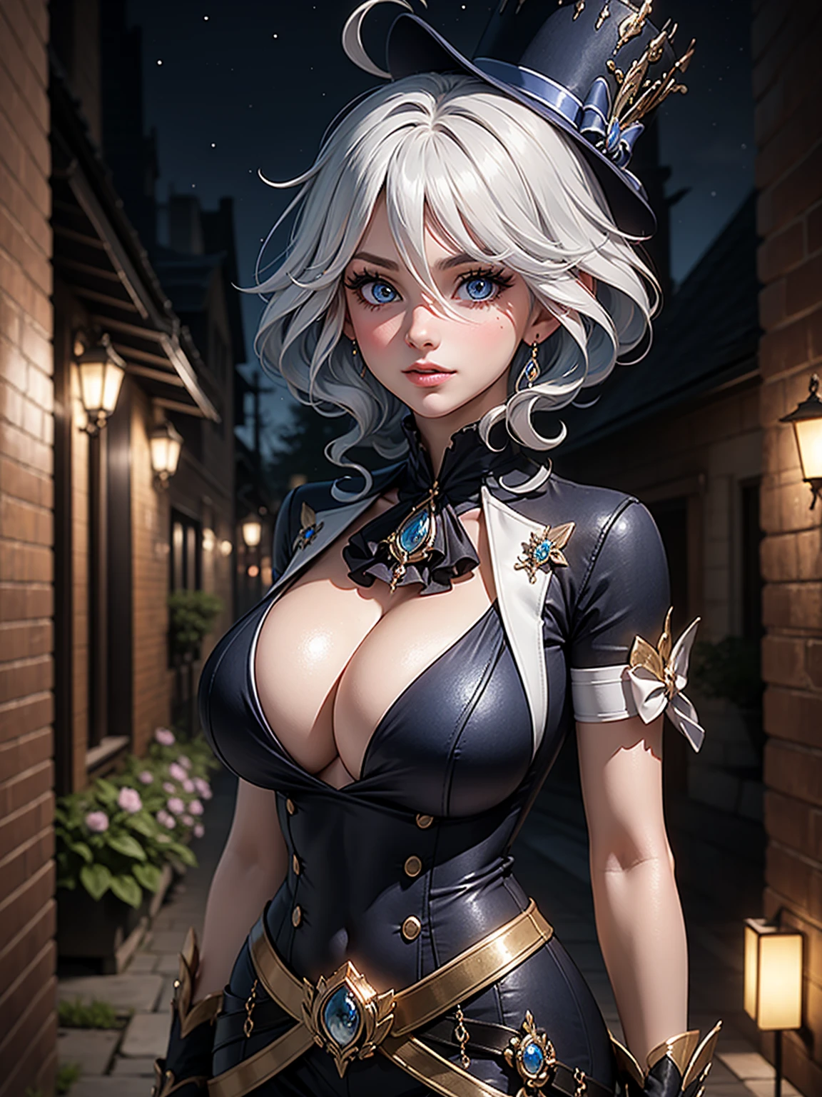 cleavage,Masterpiece, high quality, 8k,detailed body, ultra detailed, detailed face, standing, blush, bright eye, outdoors, (detail face), furinadef, (big  breasts),(night), half body, 