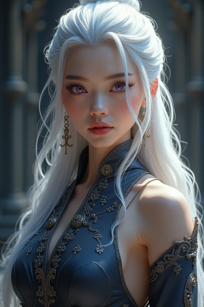 A tall, slender female drow (dark elf) with pale blue skin and a curvy, yet lean and toned body. This drow has long, wavy silvery-white hair tied in an ornate ponytail. She wears the garb of a Shadow Path Monk, dark shades of black and gray, and a black blindfold over her eyes, covering them. She wears silver accessories, such as earrings, piercings, and other discreet adornments and decorations on her attire. She carries a Bo Staff in her hands. Dynamic pose, dynamic setting.