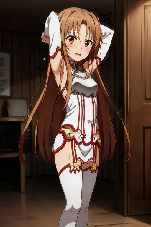 ((Best Quality)), ((masterpiece)), (be familiar with), Perfect Face, indoor, bedroom, Watching the audience,
One woman, Yuuki Asuna,
Open Mouth, Ecstatic expression, blush, smile,
Small breasts, Flat Chest, , , child, Girl,
Long Hair, Long Hair,
Leg spread,