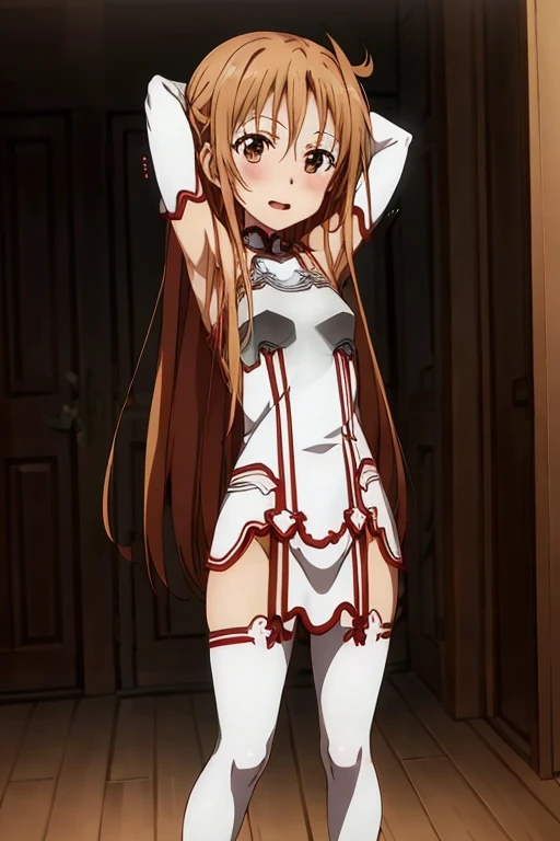 ((Best Quality)), ((masterpiece)), (be familiar with), Perfect Face, indoor, bedroom, Watching the audience,
One woman, Yuuki Asuna,
Open Mouth, Ecstatic expression, blush, smile,
Small breasts, Flat Chest, , , child, Girl,
Long Hair, Long Hair,
Leg spread,